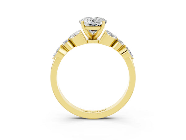 Yellow gold Oval Cut Moissanite Solitaire Ring with Side Stones and Four-Prong Setting