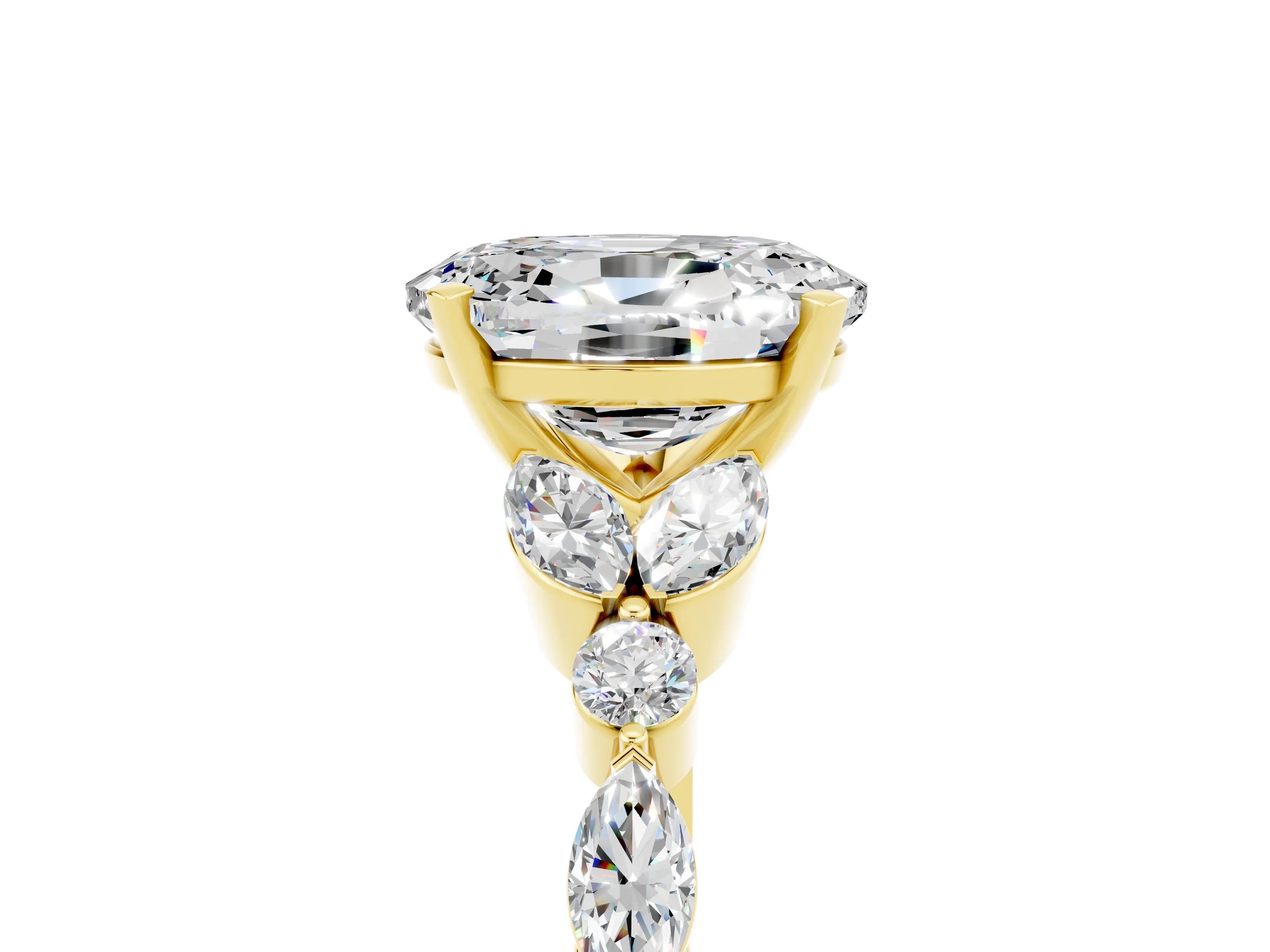 Yellow gold Oval Cut Moissanite Solitaire Ring with Side Stones and Four-Prong Setting_17
