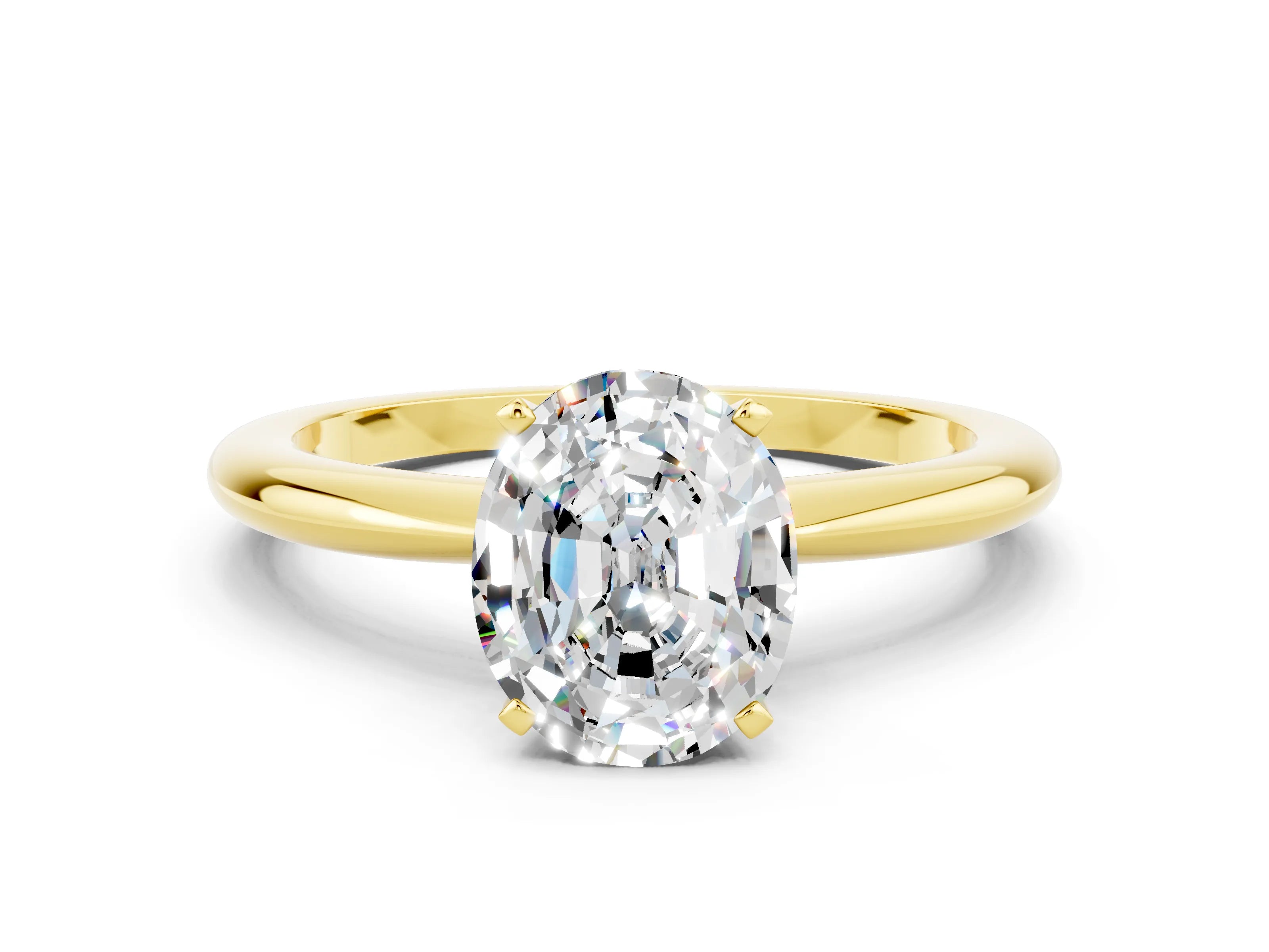 Yellow gold Oval Cut Moissanite Solitaire Ring with Six-Prong Setting and Classic Band