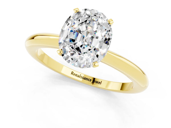 Yellow gold Oval Cut Moissanite Solitaire Ring with Six-Prong Setting and Classic Band