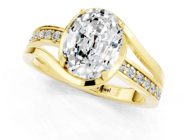 Yellow gold Oval Cut Moissanite Solitaire Ring with Split Shank and Prong Setting