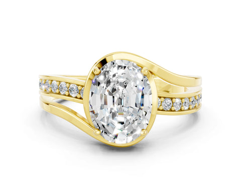 Yellow gold Oval Cut Moissanite Solitaire Ring with Split Shank and Prong Setting