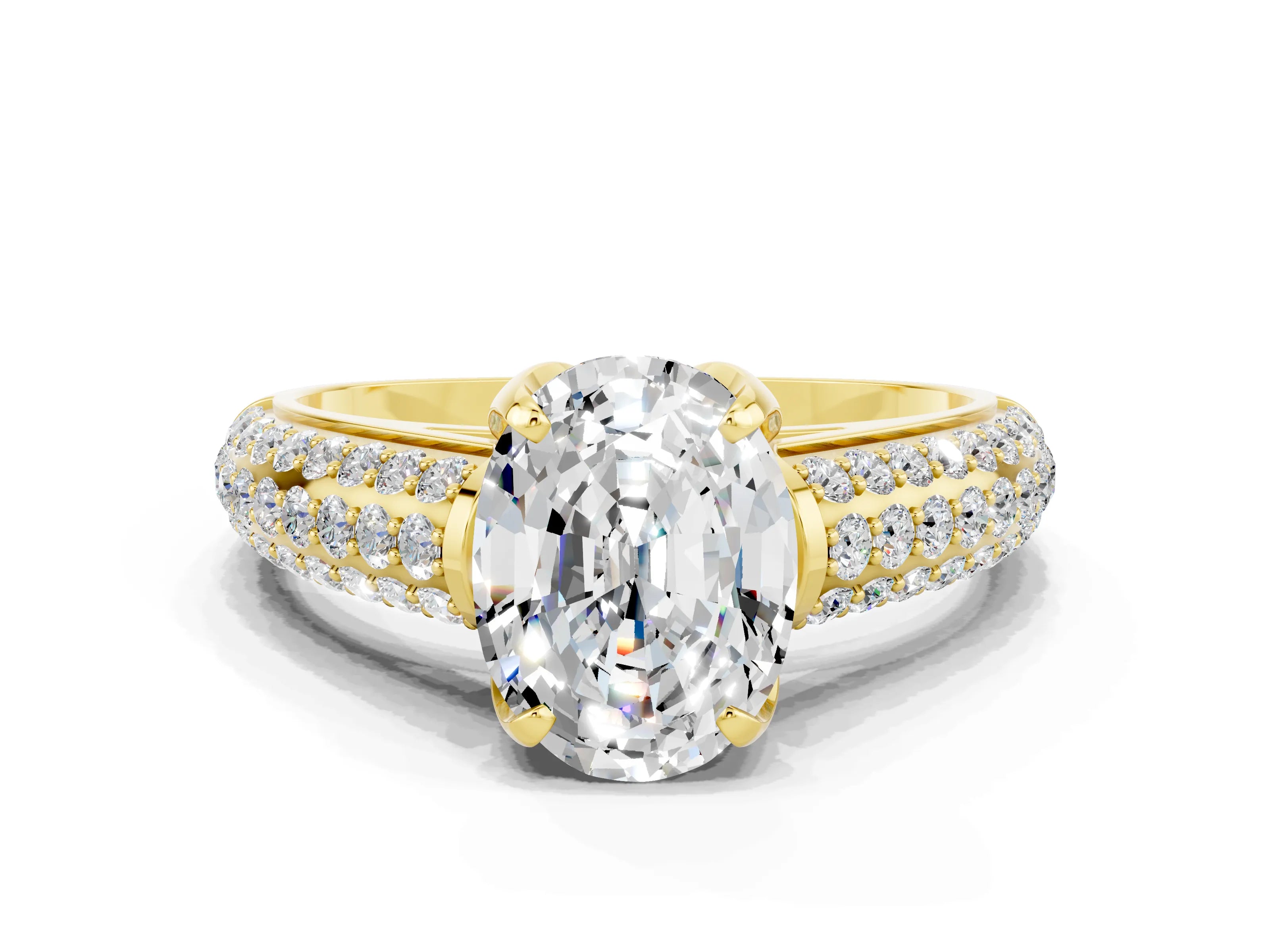 Yellow gold Oval Cut Moissanite Solitaire Ring with Three-Row Pavé Band and Four-Prong Setting_12