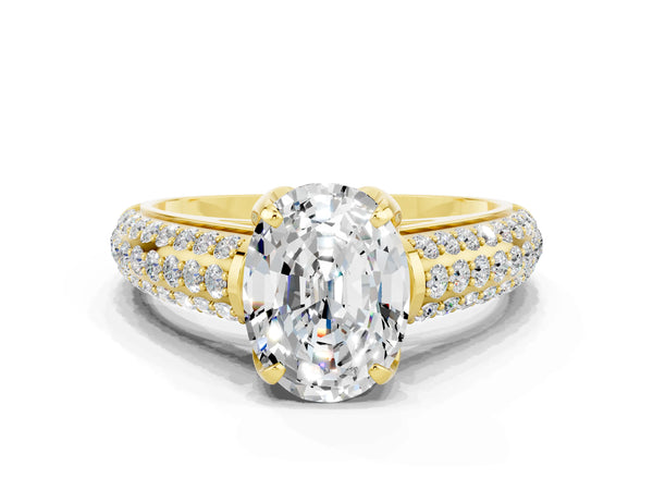Yellow gold Oval Cut Moissanite Solitaire Ring with Three-Row Pavé Band and Four-Prong Setting