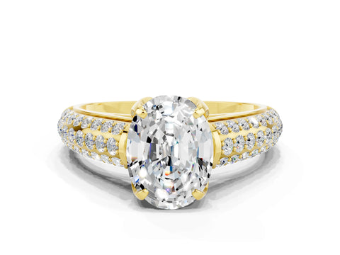 Yellow gold Oval Cut Moissanite Solitaire Ring with Three-Row Pavé Band and Four-Prong Setting_12
