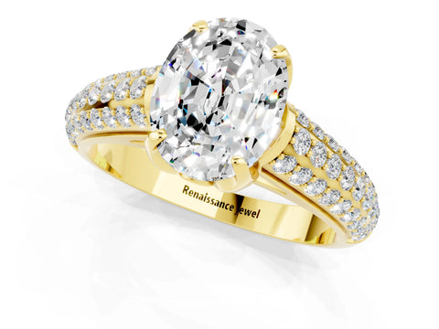 Yellow gold Oval Cut Moissanite Solitaire Ring with Three-Row Pavé Band and Four-Prong Setting_13