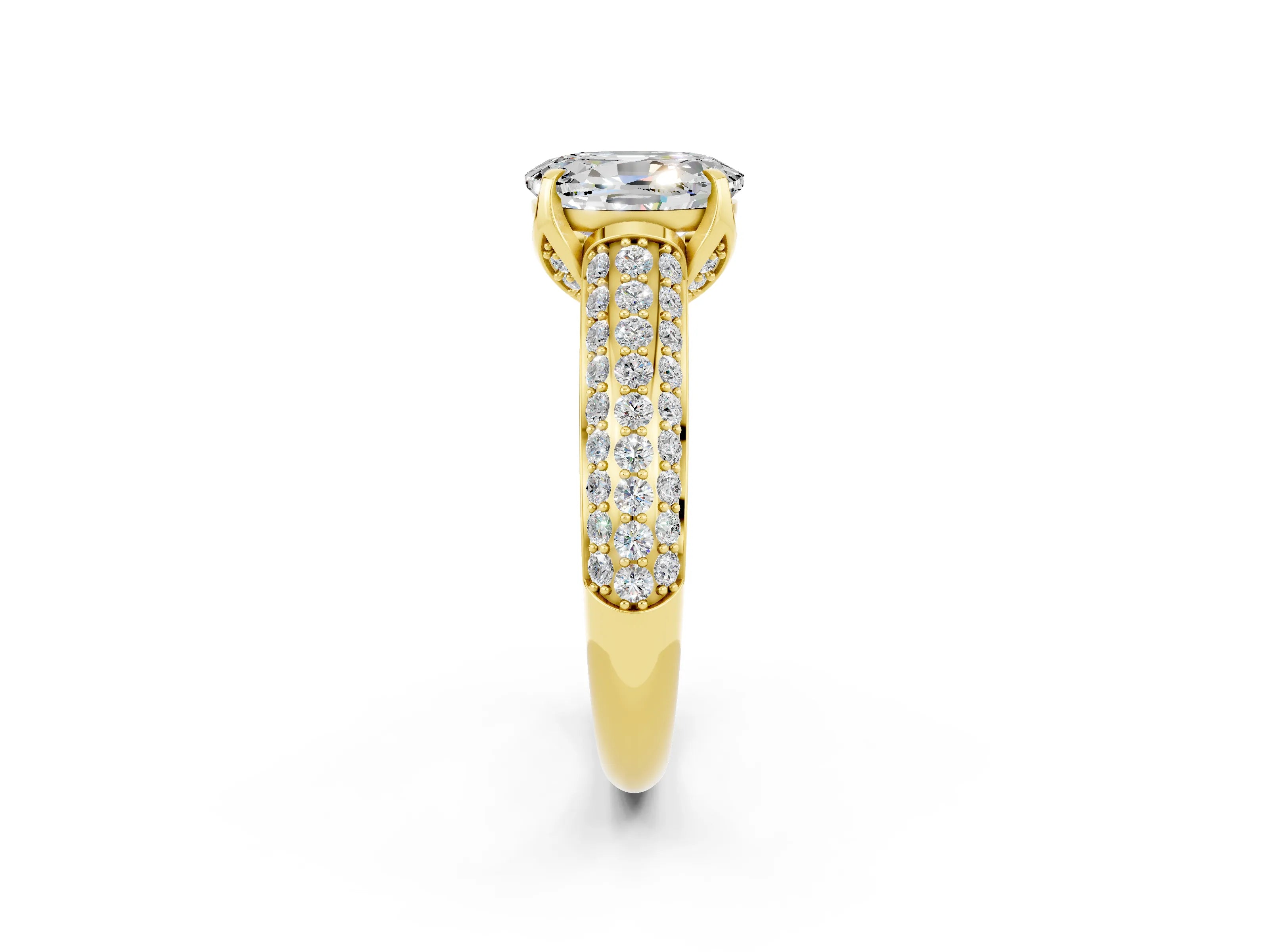 Yellow gold Oval Cut Moissanite Solitaire Ring with Three-Row Pavé Band and Four-Prong Setting_14