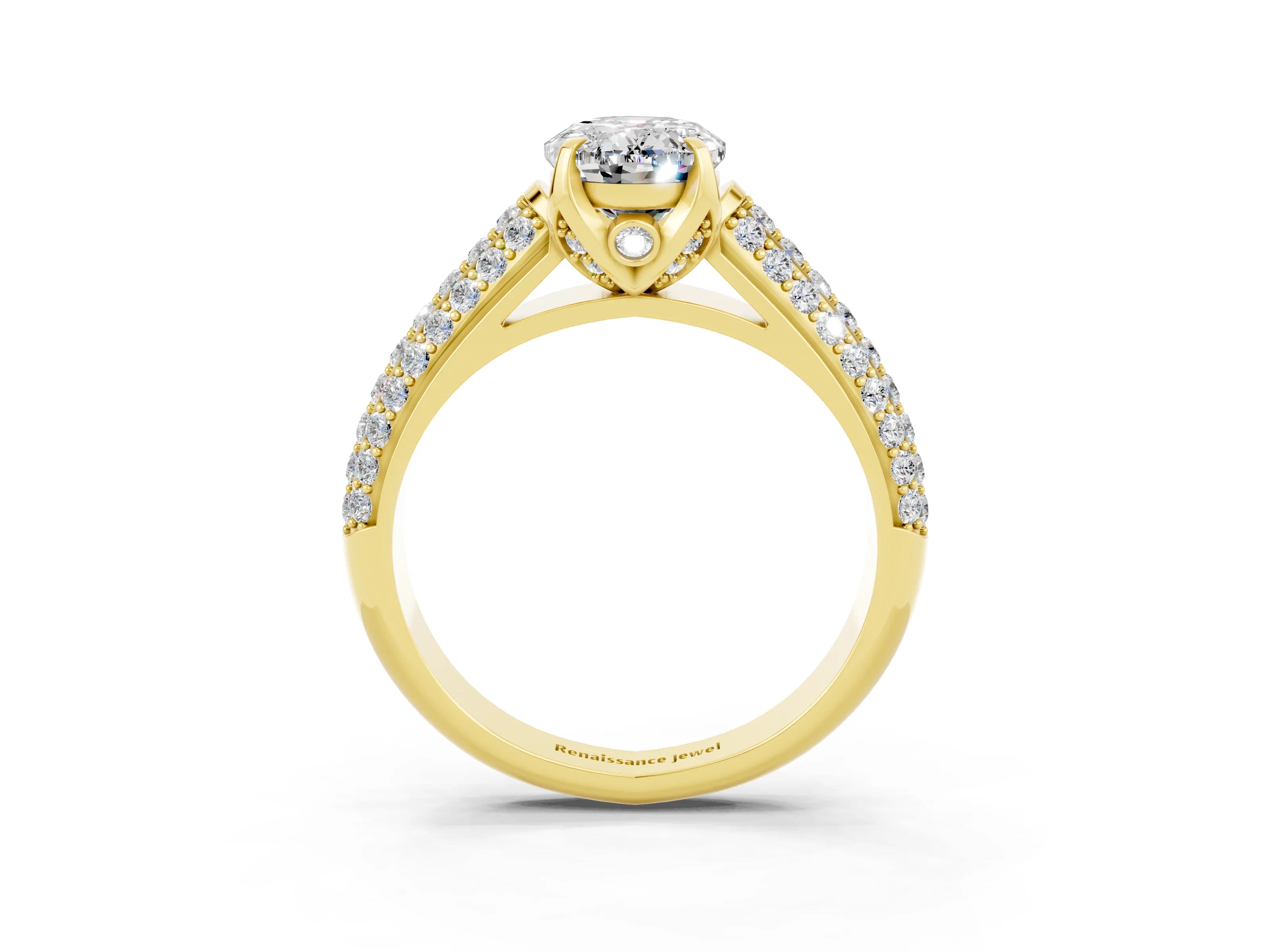 Yellow gold Oval Cut Moissanite Solitaire Ring with Three-Row Pavé Band and Four-Prong Setting_15