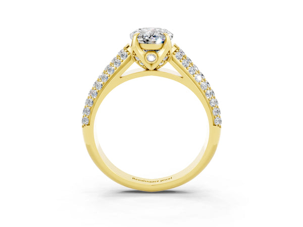 Yellow gold Oval Cut Moissanite Solitaire Ring with Three-Row Pavé Band and Four-Prong Setting