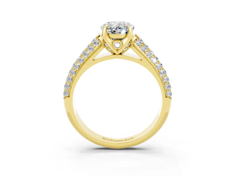 Yellow gold Oval Cut Moissanite Solitaire Ring with Three-Row Pavé Band and Four-Prong Setting_15
