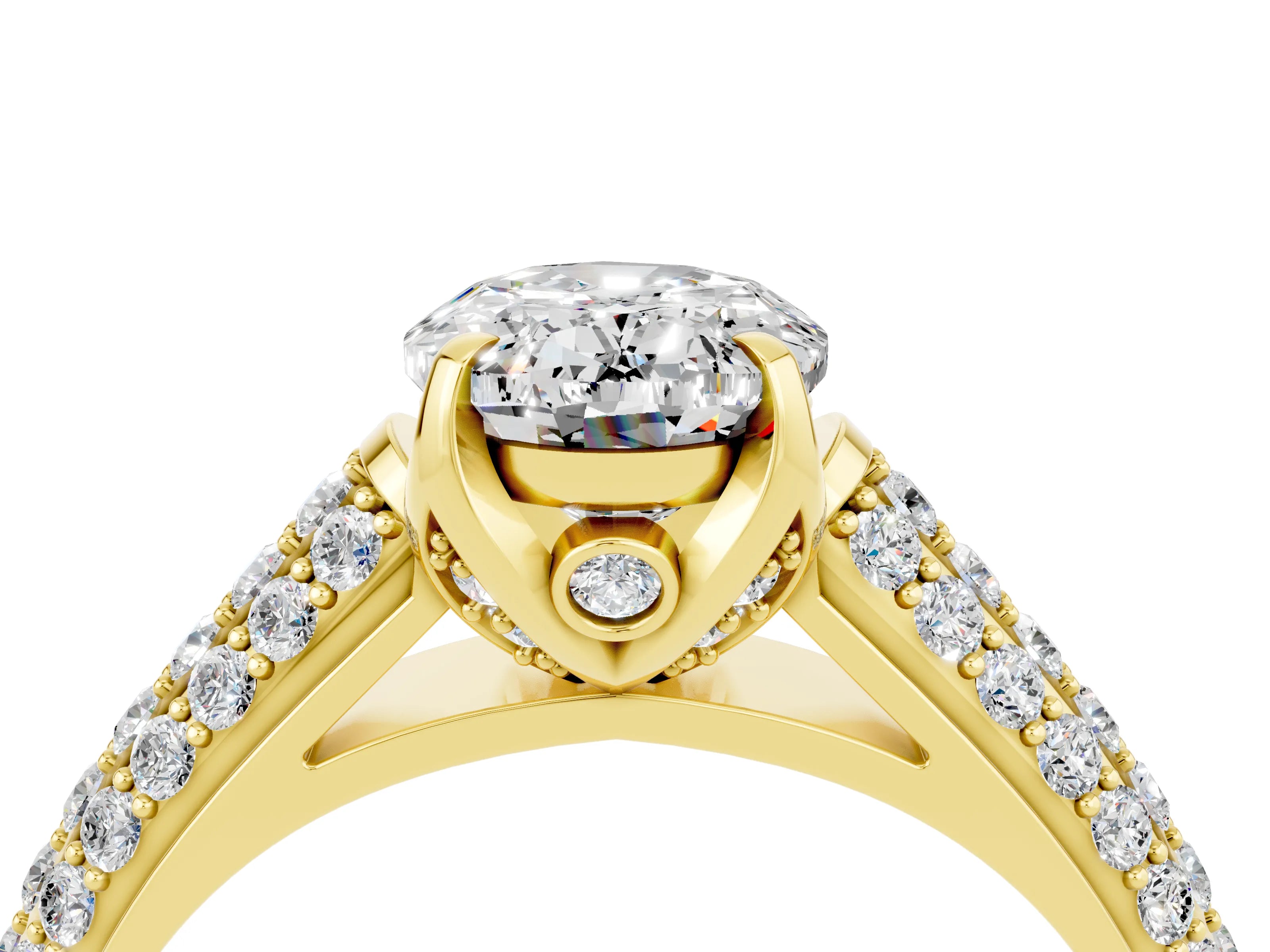 Yellow gold Oval Cut Moissanite Solitaire Ring with Three-Row Pavé Band and Four-Prong Setting_16