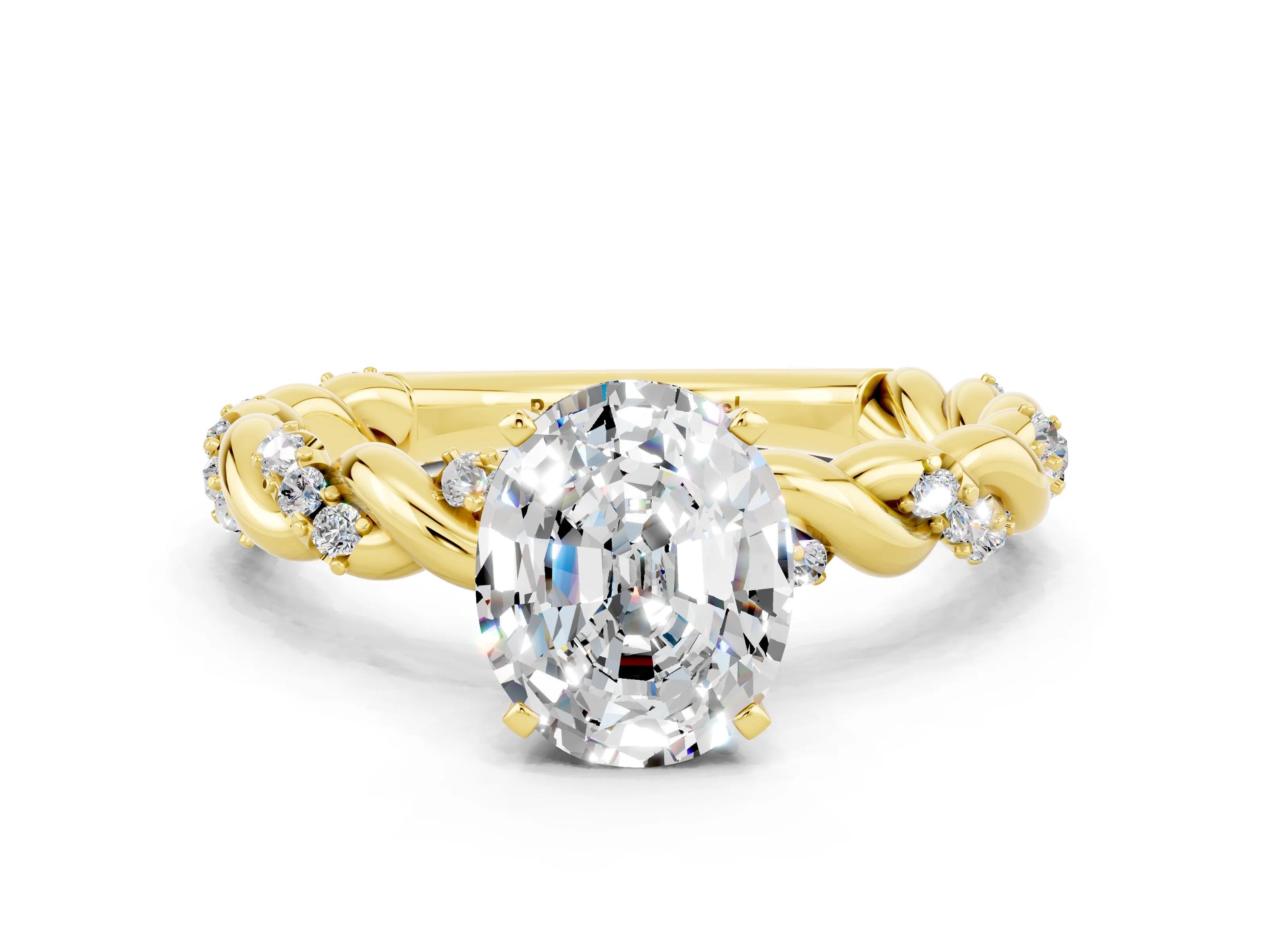 Yellow gold Oval Cut Moissanite Solitaire Ring with Twisted Band and Pavé Accents