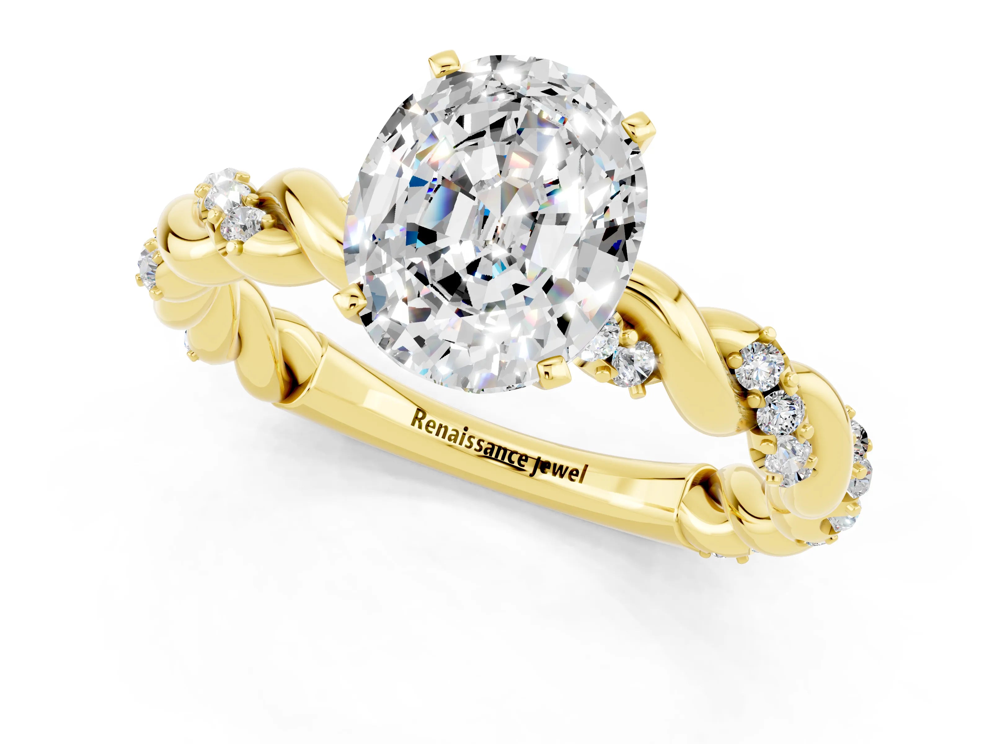 Yellow gold Oval Cut Moissanite Solitaire Ring with Twisted Band and Pavé Accents_1