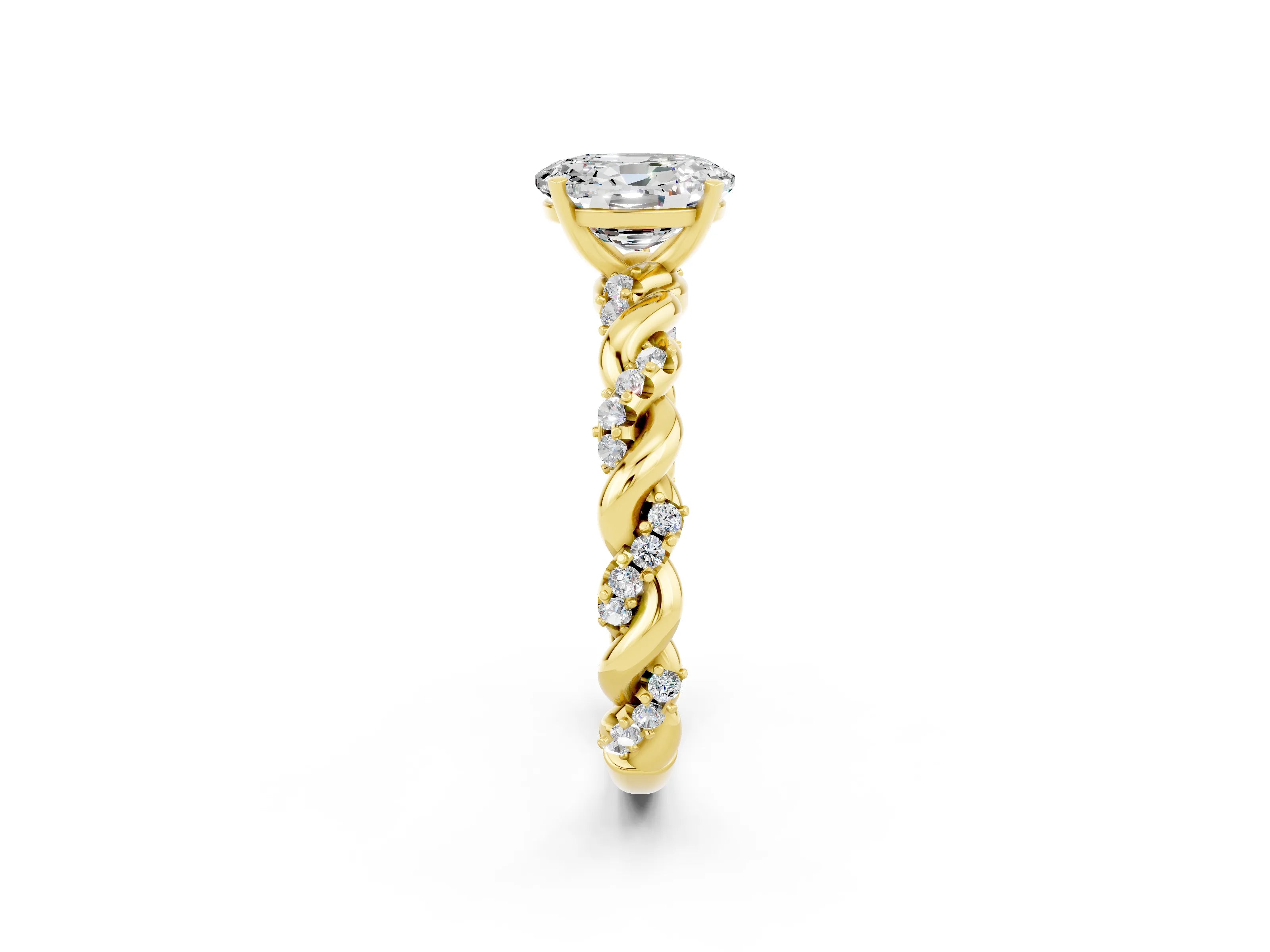 Yellow gold Oval Cut Moissanite Solitaire Ring with Twisted Band and Pavé Accents_2