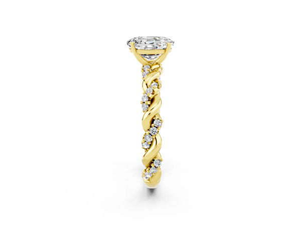 Yellow gold Oval Cut Moissanite Solitaire Ring with Twisted Band and Pavé Accents