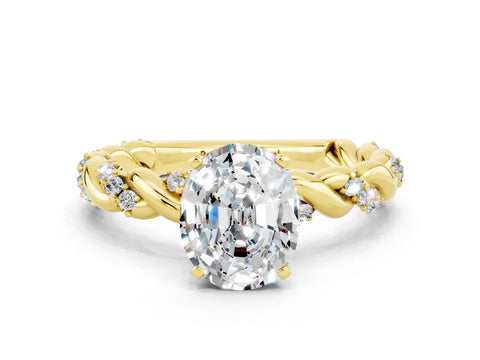 Yellow gold Oval Cut Moissanite Solitaire Ring with Twisted Band and Pavé Accents