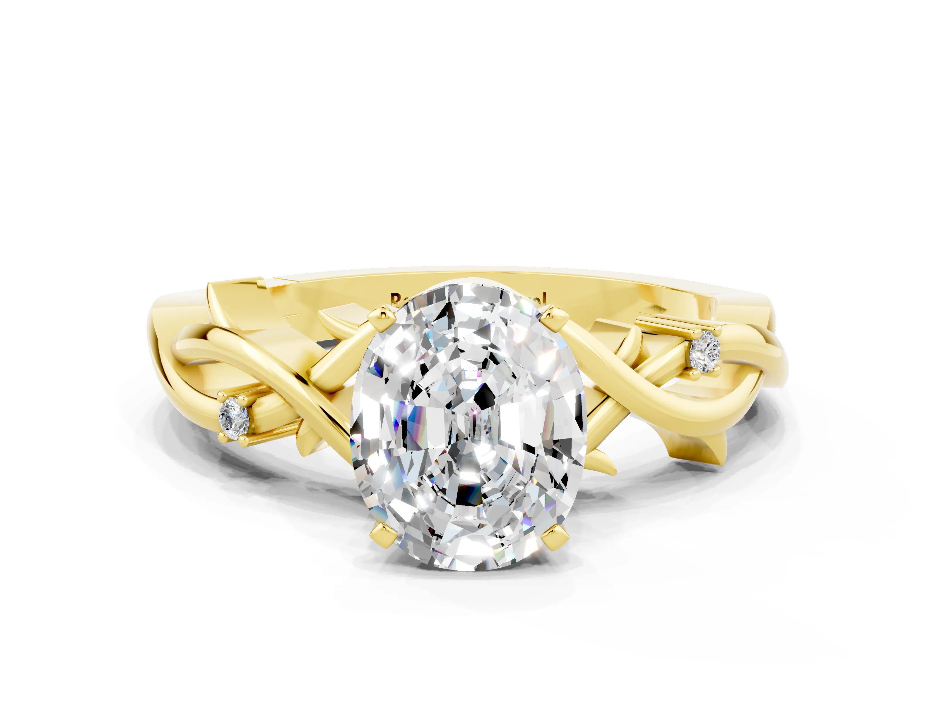Yellow gold Oval Cut Moissanite Solitaire Ring with Twisted Band and Prong Setting