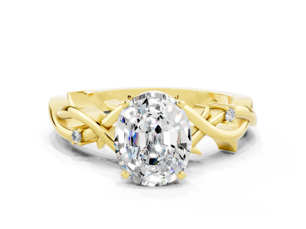 Yellow gold Oval Cut Moissanite Solitaire Ring with Twisted Band and Prong Setting