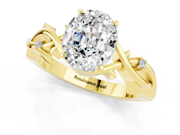 Yellow gold Oval Cut Moissanite Solitaire Ring with Twisted Band and Prong Setting