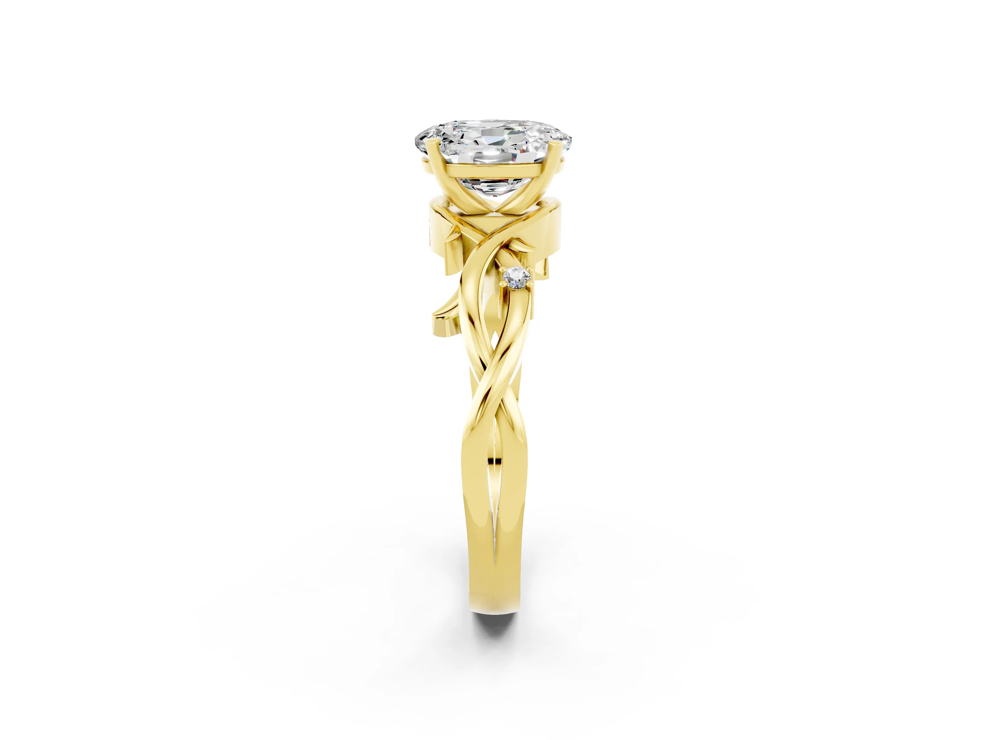 Yellow gold Oval Cut Moissanite Solitaire Ring with Twisted Band and Prong Setting_2