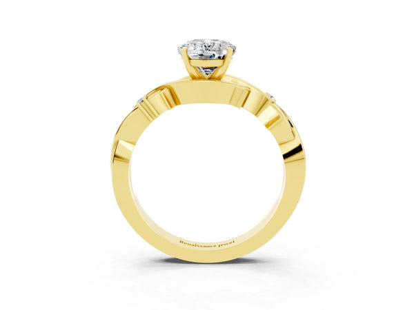 Yellow gold Oval Cut Moissanite Solitaire Ring with Twisted Band and Prong Setting