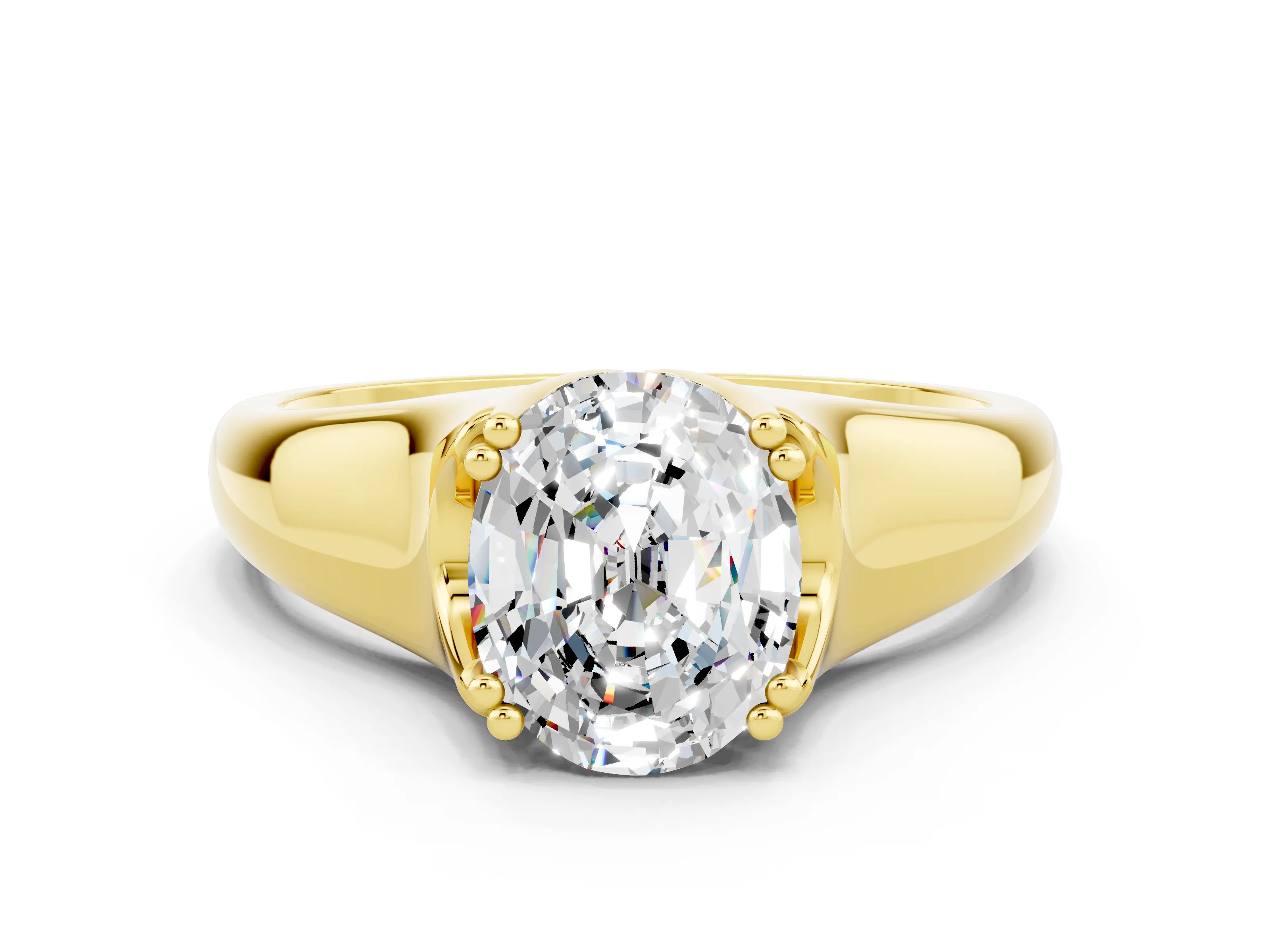 Yellow gold Oval Cut Moissanite Solitaire Ring with Wide Band and Prong Setting