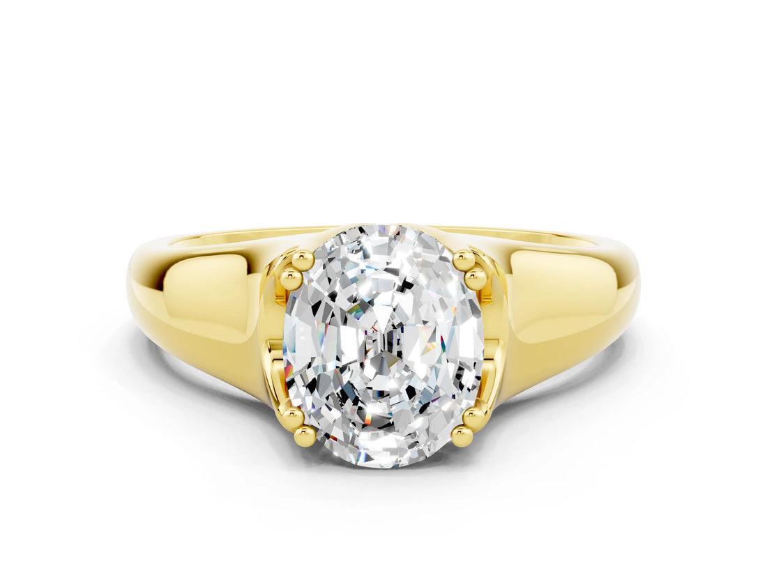 Yellow gold Oval Cut Moissanite Solitaire Ring with Wide Band and Prong Setting