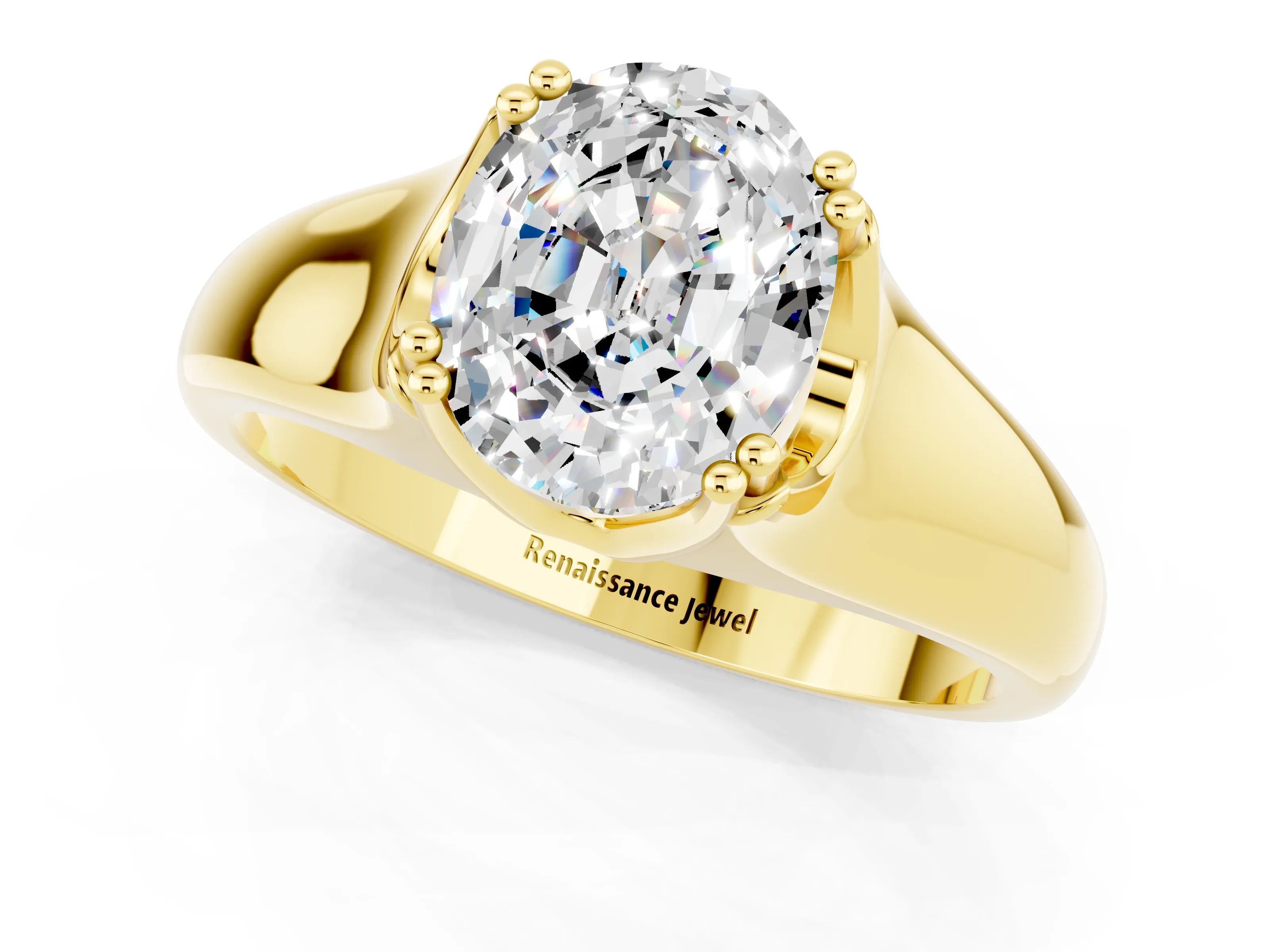 Yellow gold Oval Cut Moissanite Solitaire Ring with Wide Band and Prong Setting_1