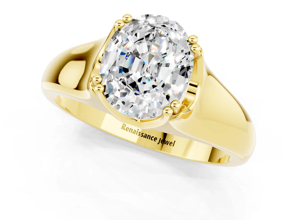 Yellow gold Oval Cut Moissanite Solitaire Ring with Wide Band and Prong Setting