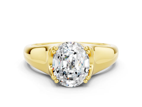 Yellow gold Oval Cut Moissanite Solitaire Ring with Wide Band and Prong Setting