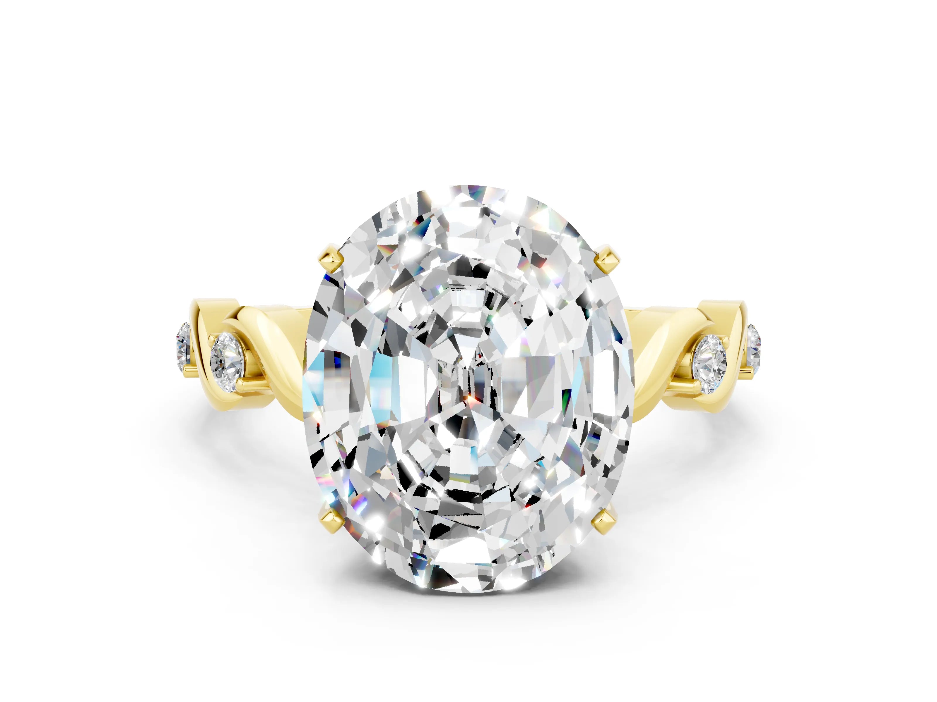Yellow gold Oval Cut Moissanite Solitaire Twisted Band with Round  Accents and Prong Setting_12