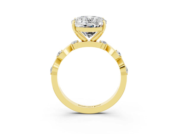 Yellow gold Oval Cut Moissanite Solitaire Twisted Band with Round  Accents and Prong Setting