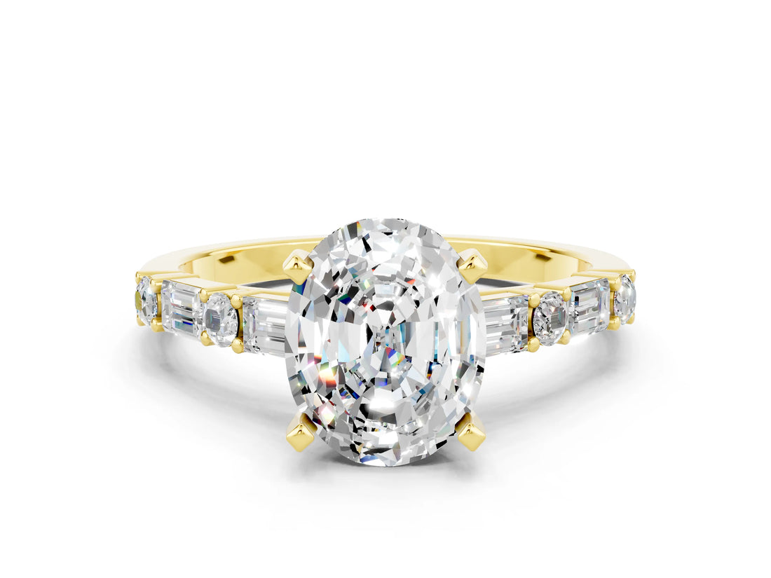 Yellow gold Oval Cut Moissanite Solitaire with Side Baguettes and Channel Set Band
