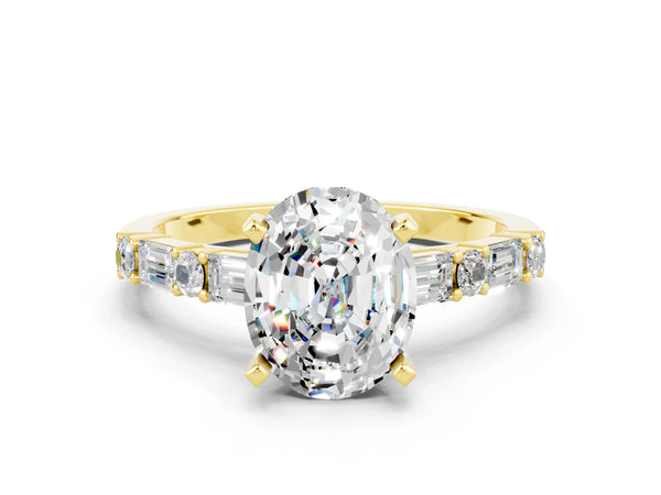 Yellow gold Oval Cut Moissanite Solitaire with Side Baguettes and Channel Set Band