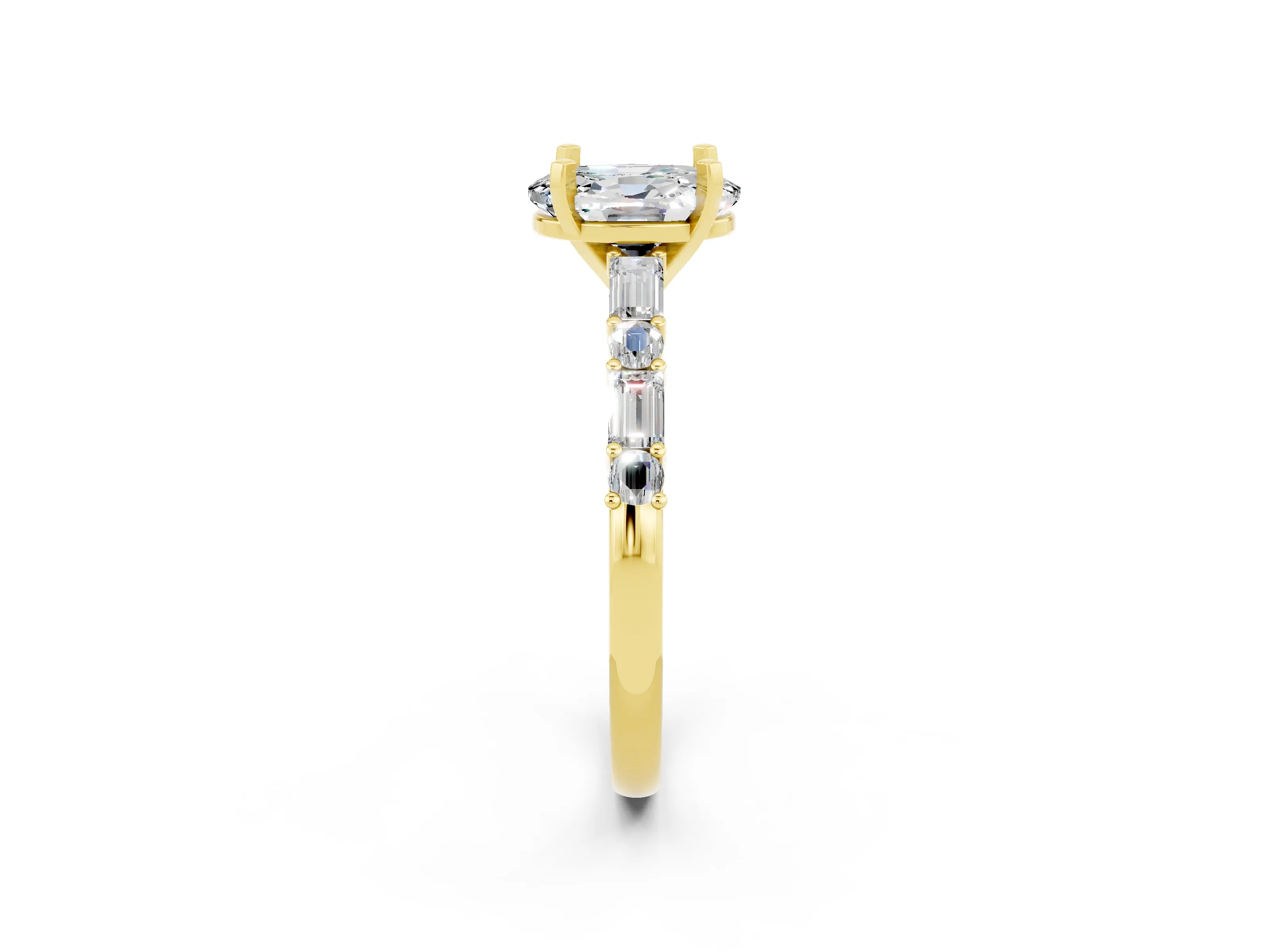 Yellow gold Oval Cut Moissanite Solitaire with Side Baguettes and Channel Set Band_2