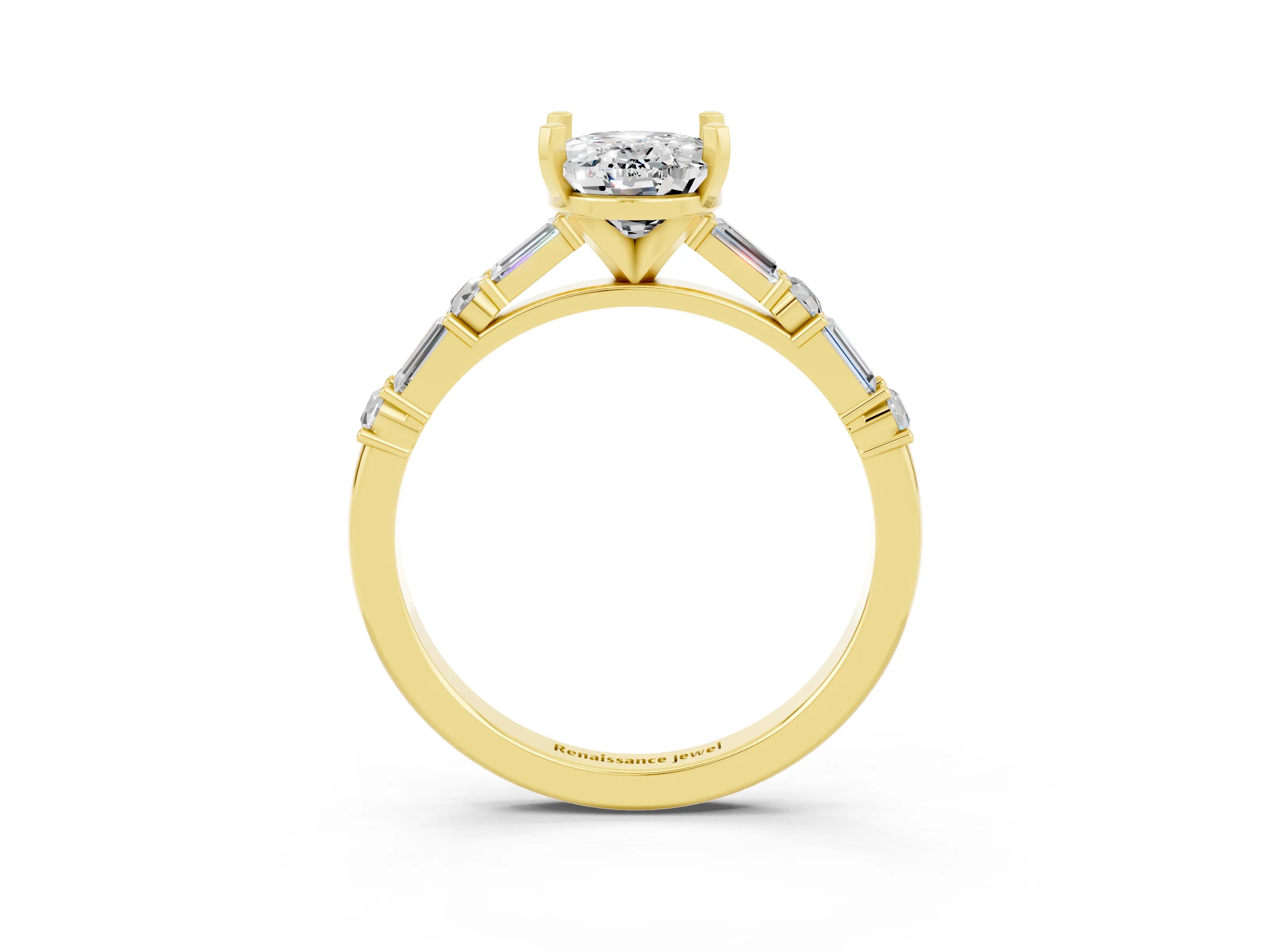 Yellow gold Oval Cut Moissanite Solitaire with Side Baguettes and Channel Set Band_3