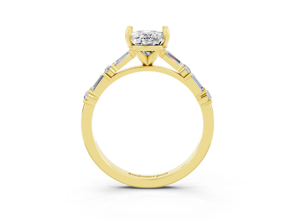 Yellow gold Oval Cut Moissanite Solitaire with Side Baguettes and Channel Set Band