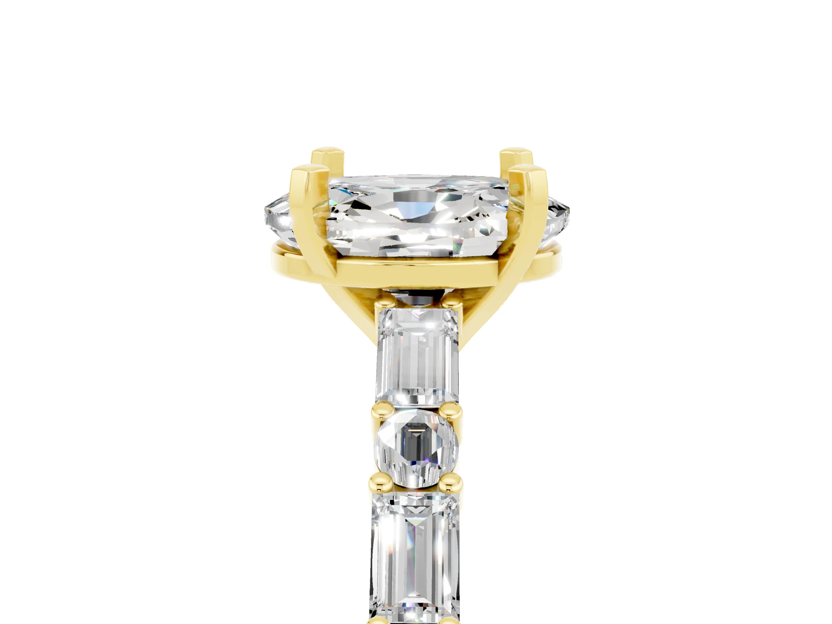 Yellow gold Oval Cut Moissanite Solitaire with Side Baguettes and Channel Set Band_5
