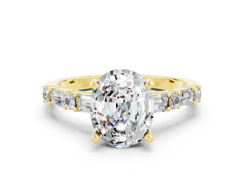Yellow gold Oval Cut Moissanite Solitaire with Side Baguettes and Channel Set Band