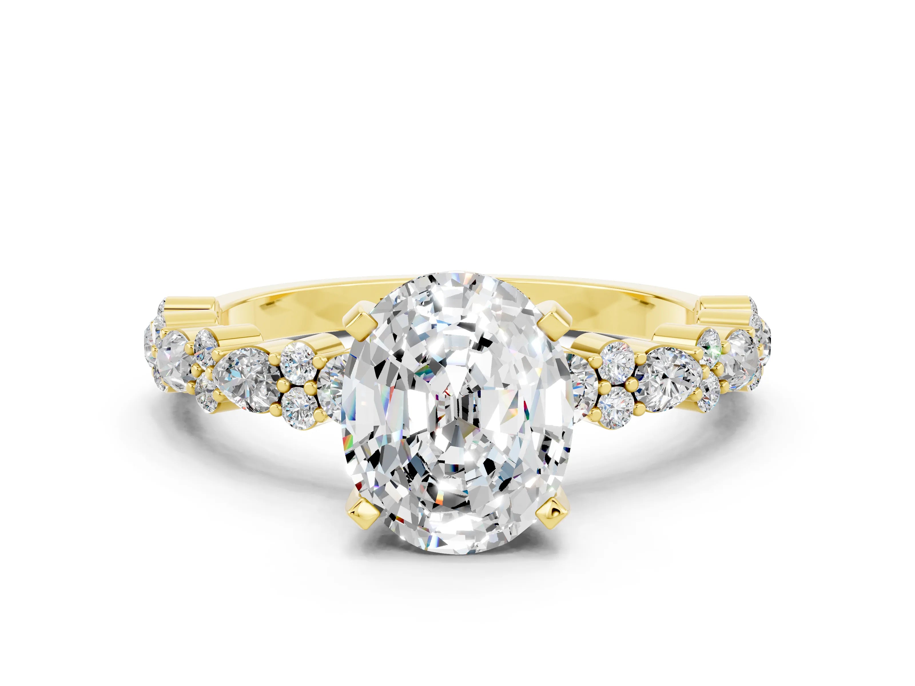 Yellow gold Oval Cut Moissanite Solitaire with Side Stones, Pave Band, Four-Prong Setting_36