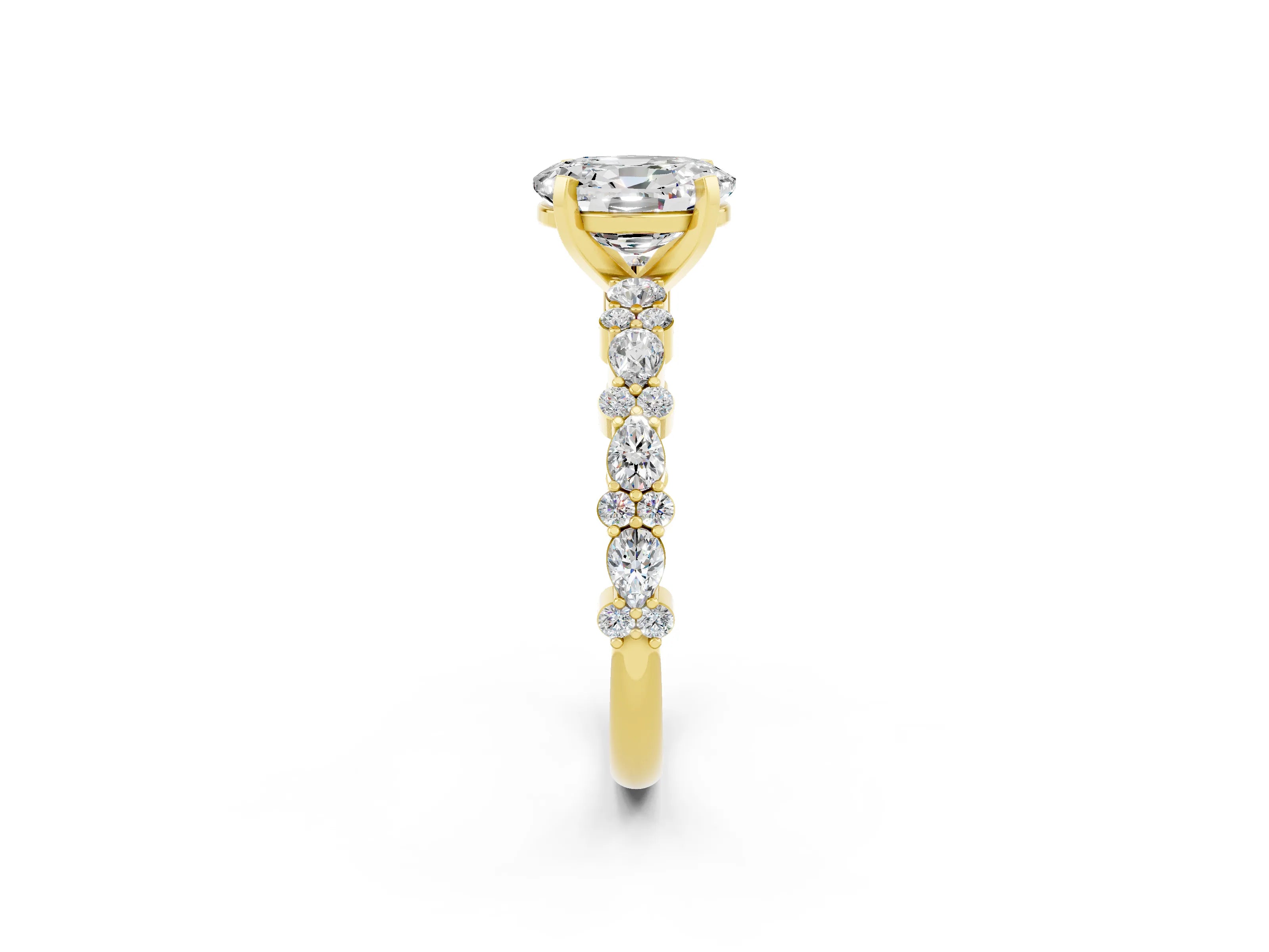 Yellow gold Oval Cut Moissanite Solitaire with Side Stones, Pave Band, Four-Prong Setting_38