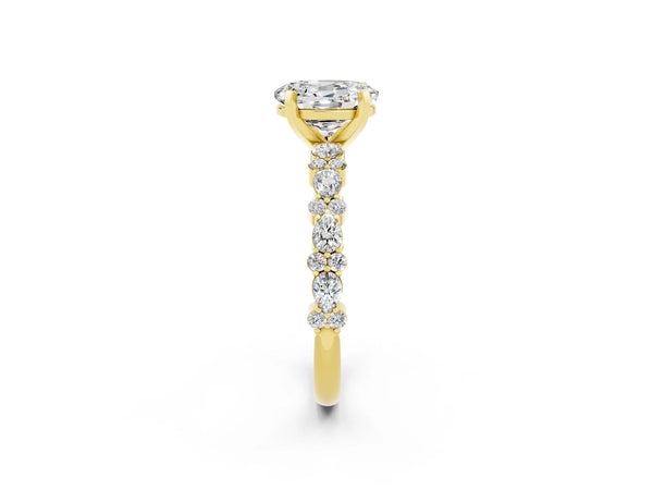 Yellow gold Oval Cut Moissanite Side Stone Solitaire Ring with Round  and Four-Prong Setting