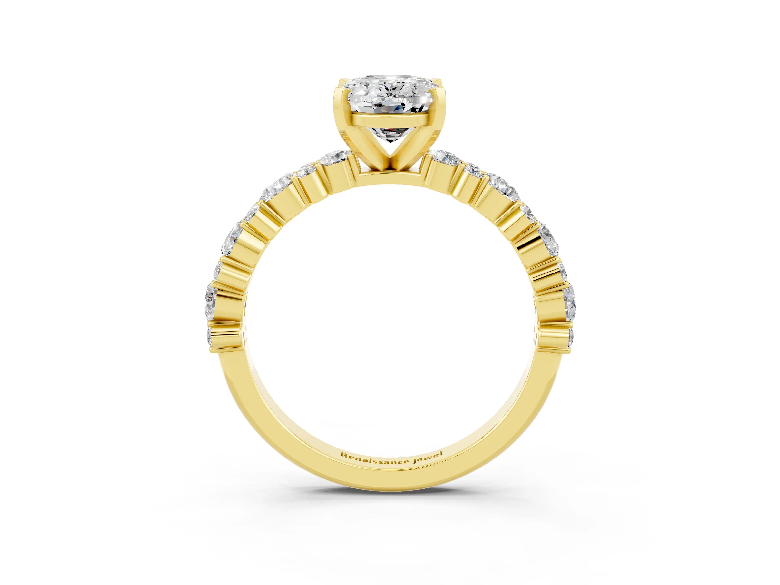 Yellow gold Oval Cut Moissanite Solitaire with Side Stones, Pave Band, Four-Prong Setting_39