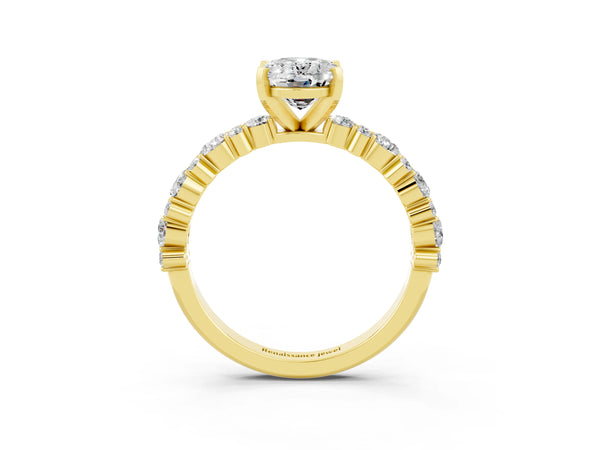 Yellow gold Oval Cut Moissanite Side Stone Solitaire Ring with Round  and Four-Prong Setting
