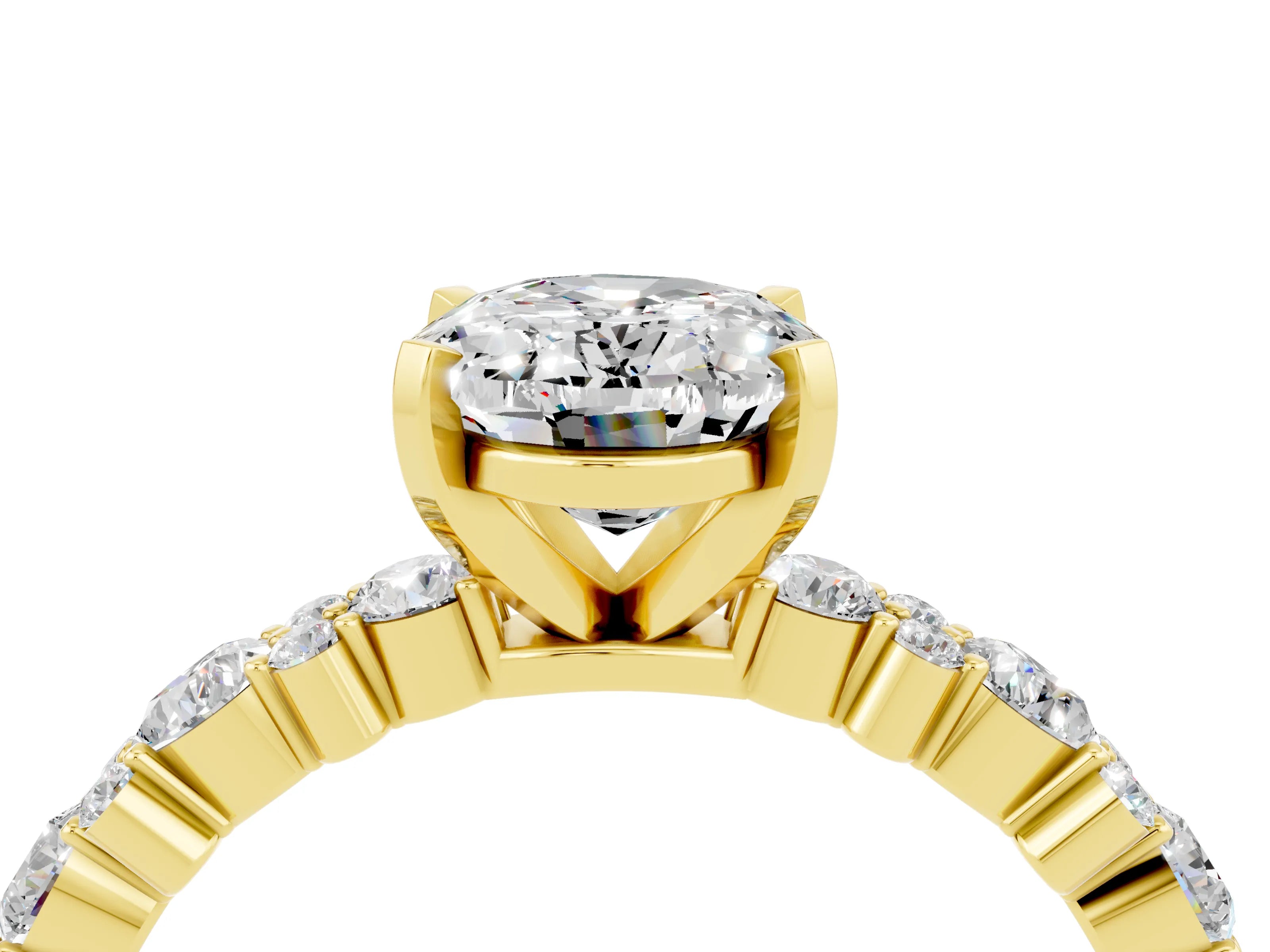 Yellow gold Oval Cut Moissanite Solitaire with Side Stones, Pave Band, Four-Prong Setting_40