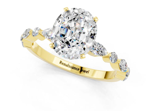 Yellow gold Oval Cut Moissanite Solitaire with Side Stones on a Pavé Band and Four-Prong Setting_1