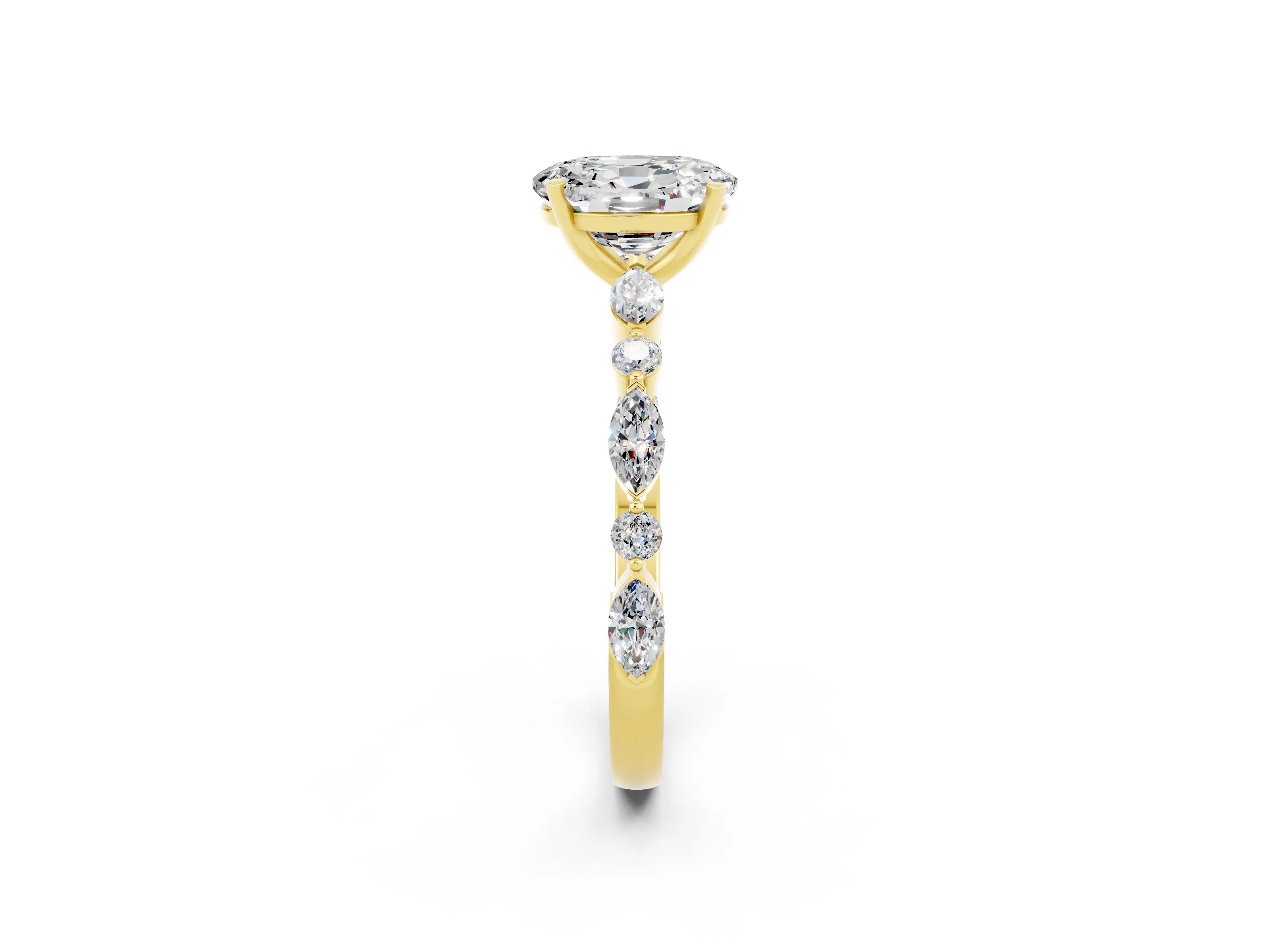 Yellow gold Oval Cut Moissanite Solitaire with Side Stones on a Pavé Band and Four-Prong Setting_2