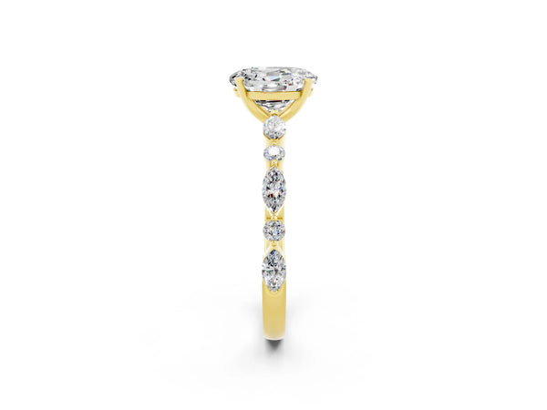 Yellow gold Oval Cut Moissanite Ring with Marquise and Round  Side Stones and Four-Prong Setting