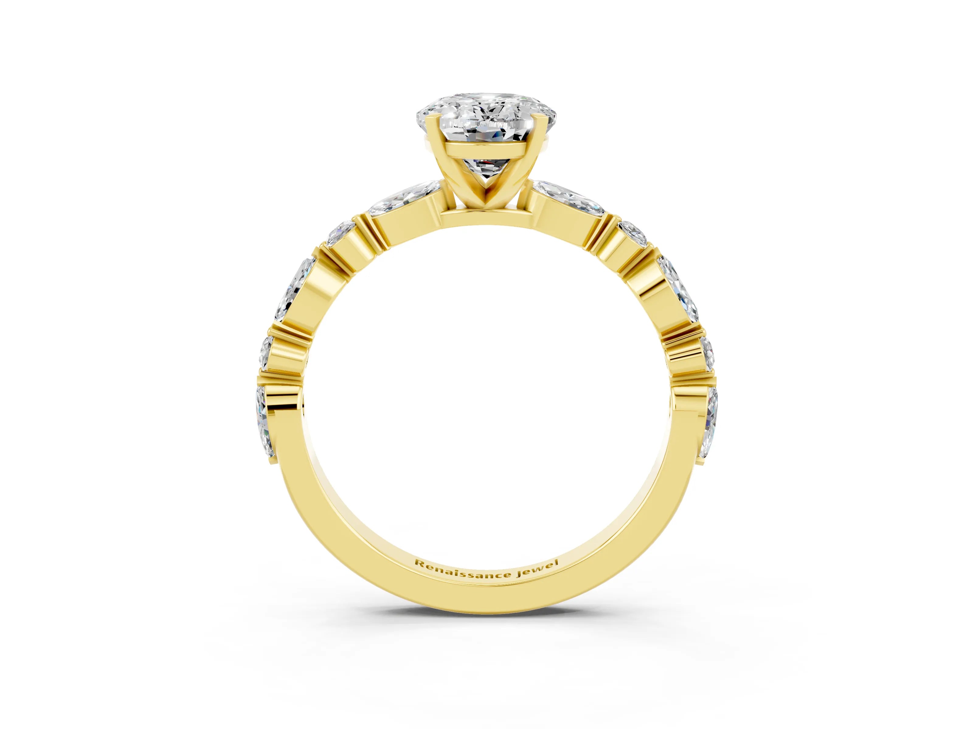 Yellow gold Oval Cut Moissanite Solitaire with Side Stones on a Pavé Band and Four-Prong Setting_3