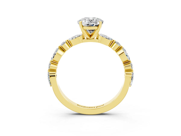 Yellow gold Oval Cut Moissanite Ring with Marquise and Round  Side Stones and Four-Prong Setting